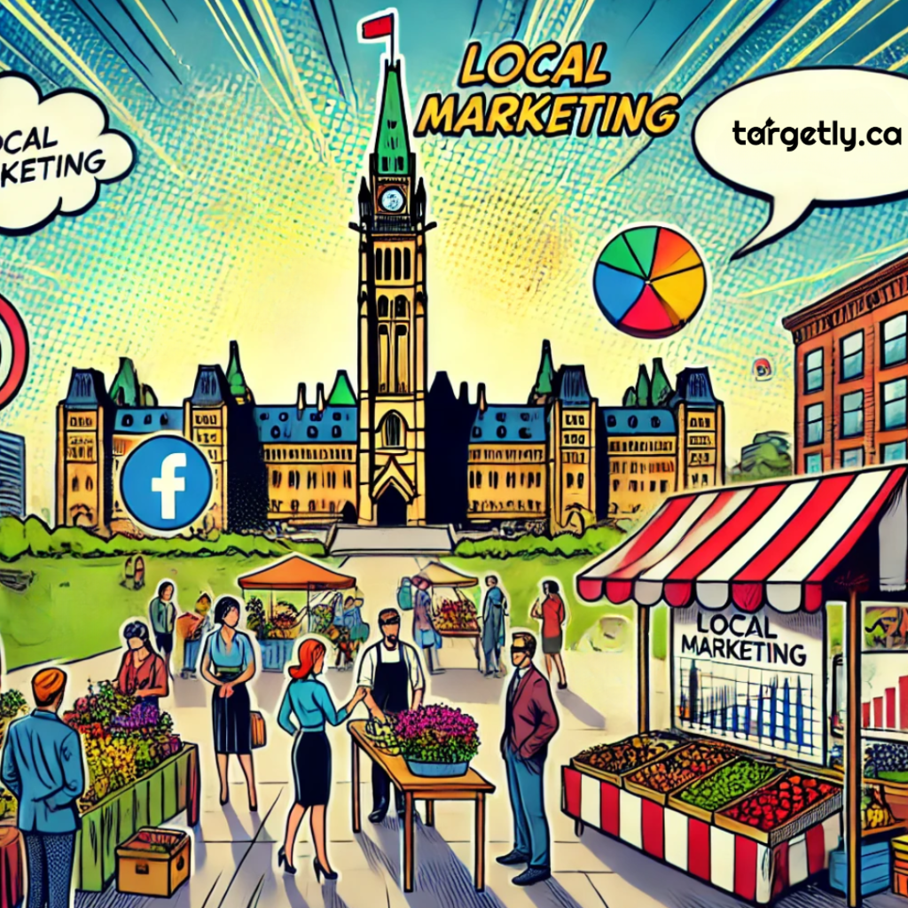 Illustration by Targetly.ca showcasing local marketing strategies in Ottawa, with iconic landmarks and vibrant community engagement